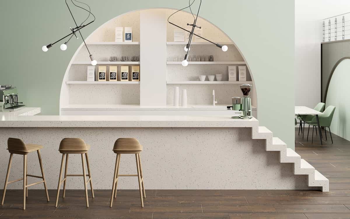 Dos nuevos colores para la gama de terrazos de HI-MACS 3 terrazzo classico bar